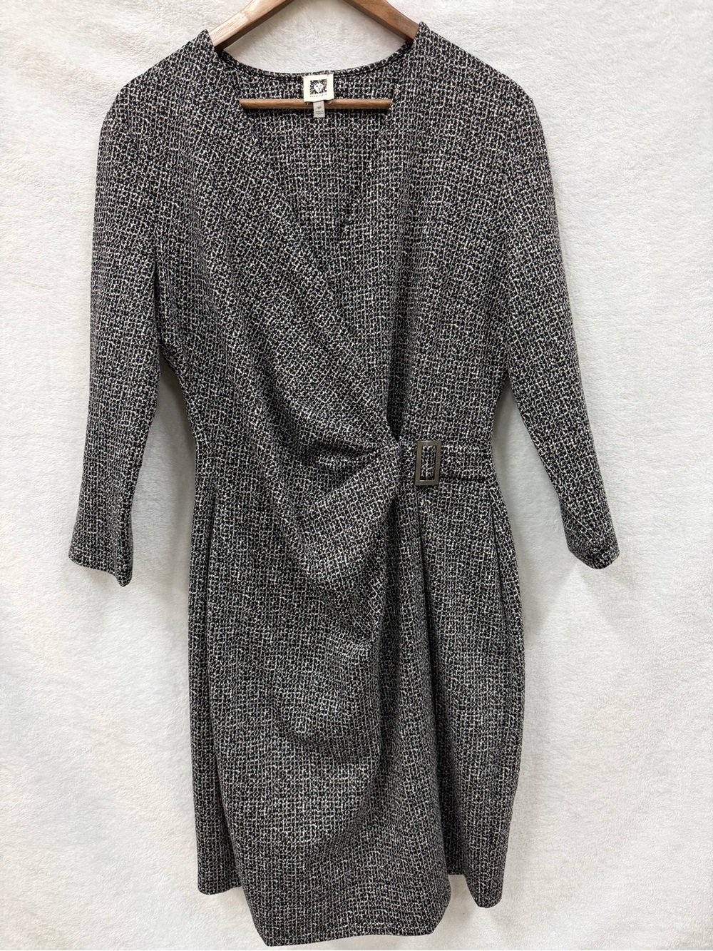 Anne Klein Faux Wrap Dress Size 12 Black & White Tweed Knit w/ Buckle 3/4 Sleeve